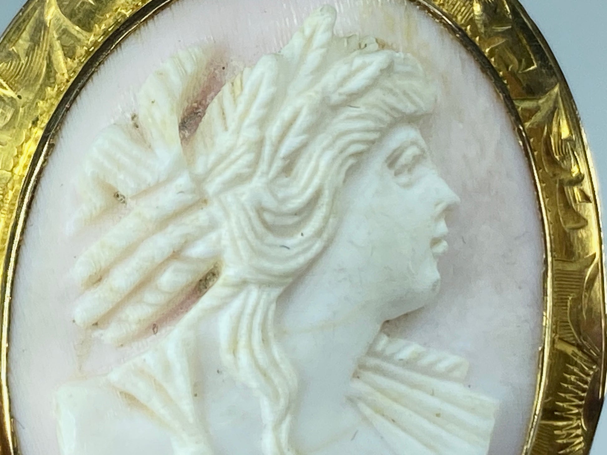 Victorian 10K/14K gold Carved Shell Cameo Goddess brooch pendant necklace JR400