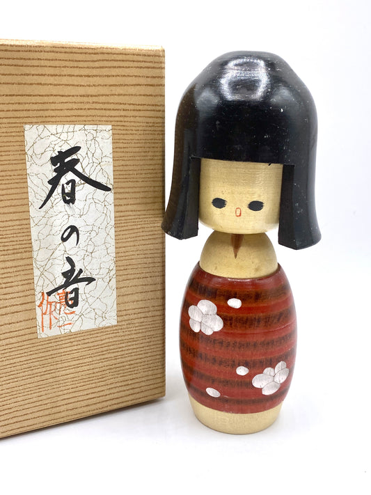 RARE Kokeshi Doll by Ryoichi "The sound of spring" hand carved flower w/box