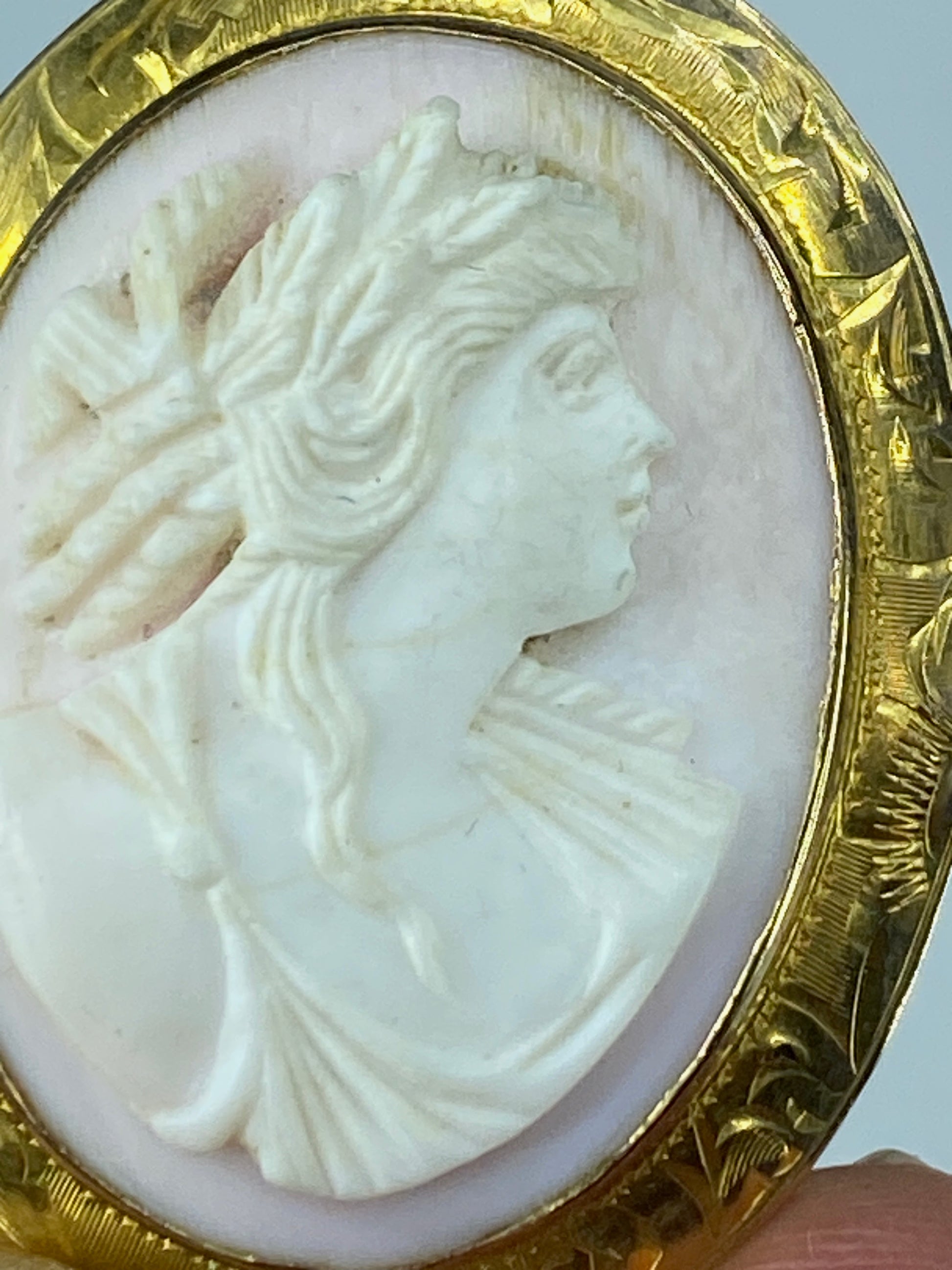Victorian 10K/14K gold Carved Shell Cameo Goddess brooch pendant necklace JR400