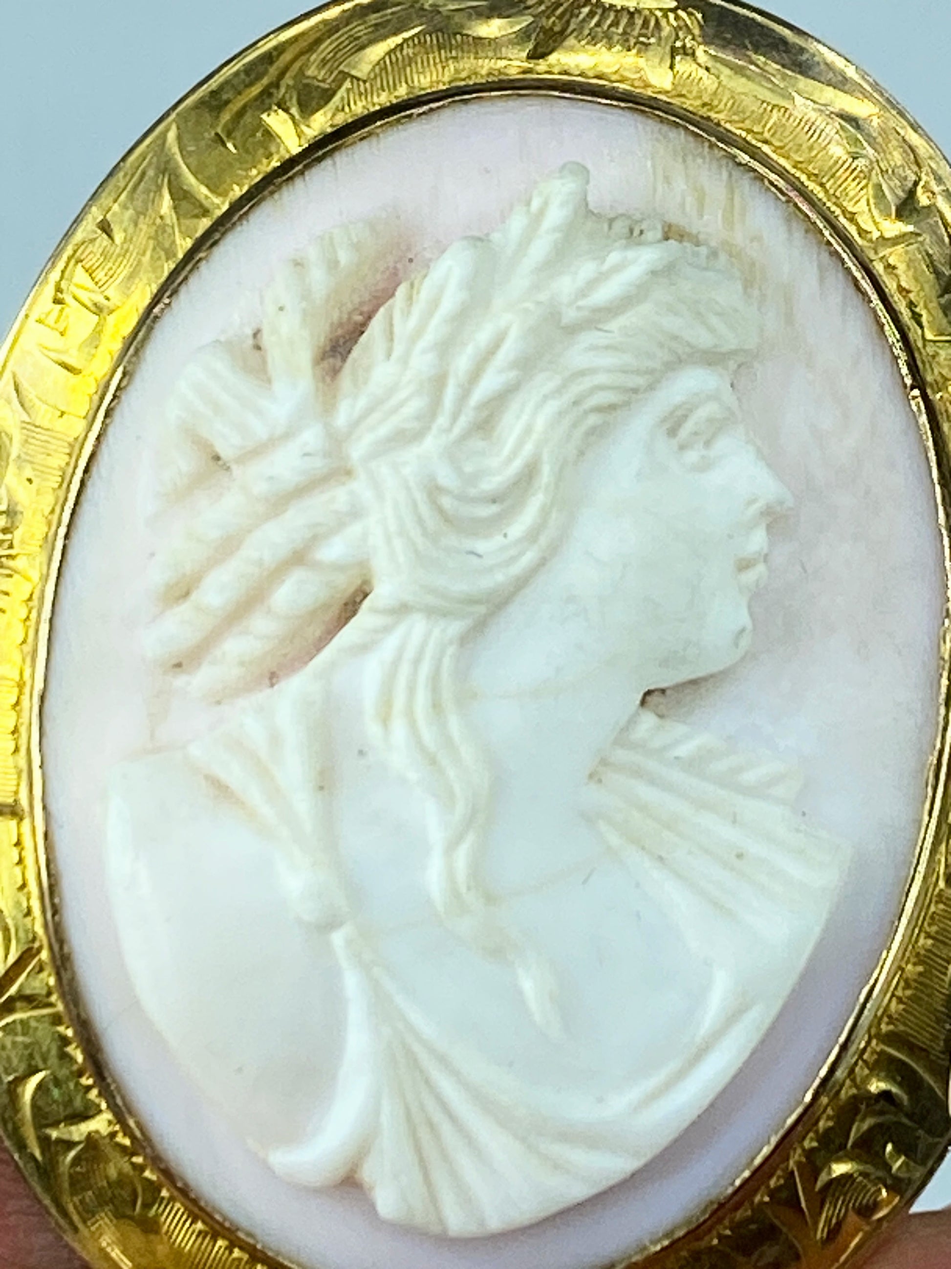 Victorian 10K/14K gold Carved Shell Cameo Goddess brooch pendant necklace JR400