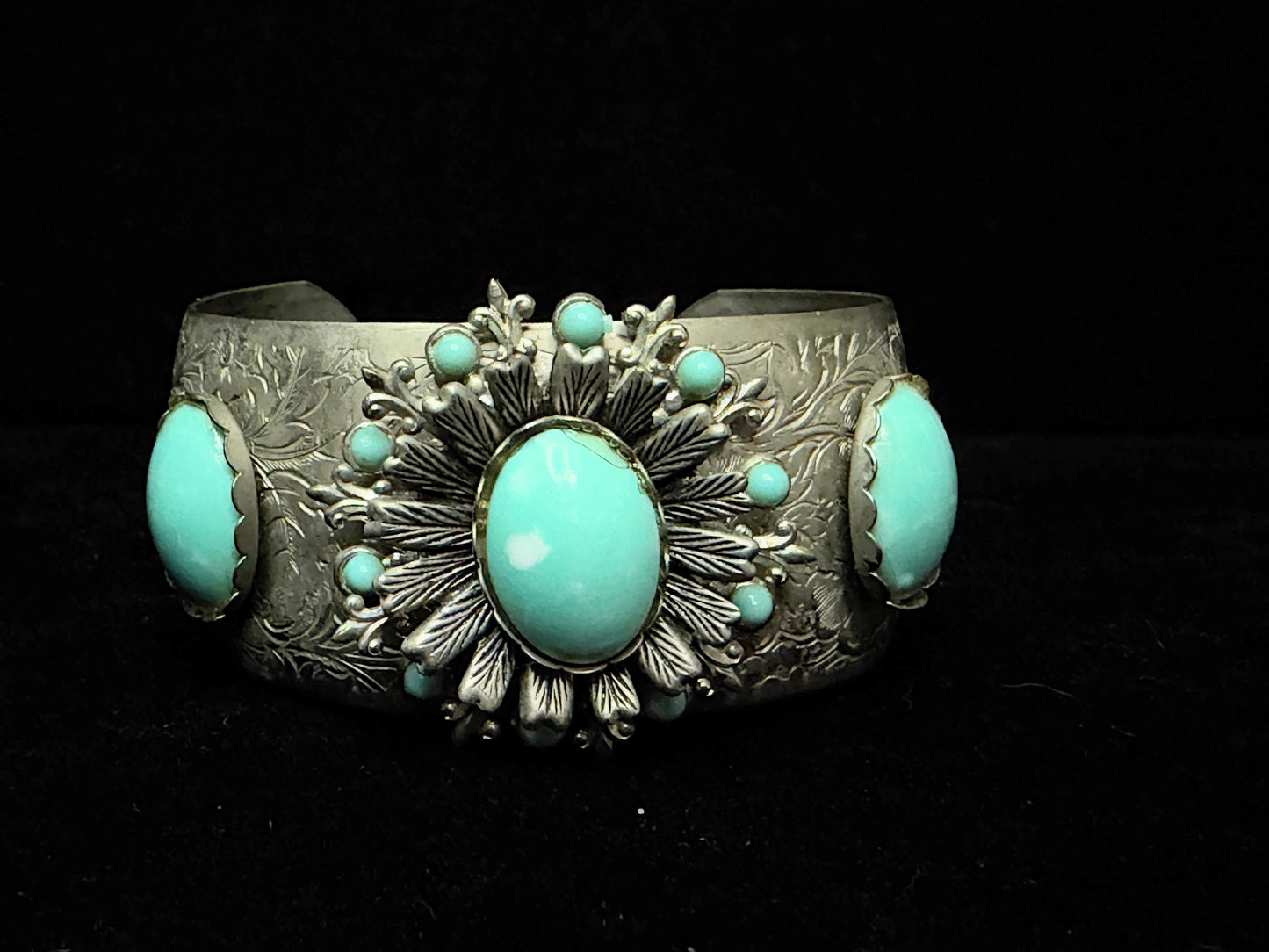 Vintage German Silver Alpaca Turquoise Floral Engraved Cuff Bracelet SS254