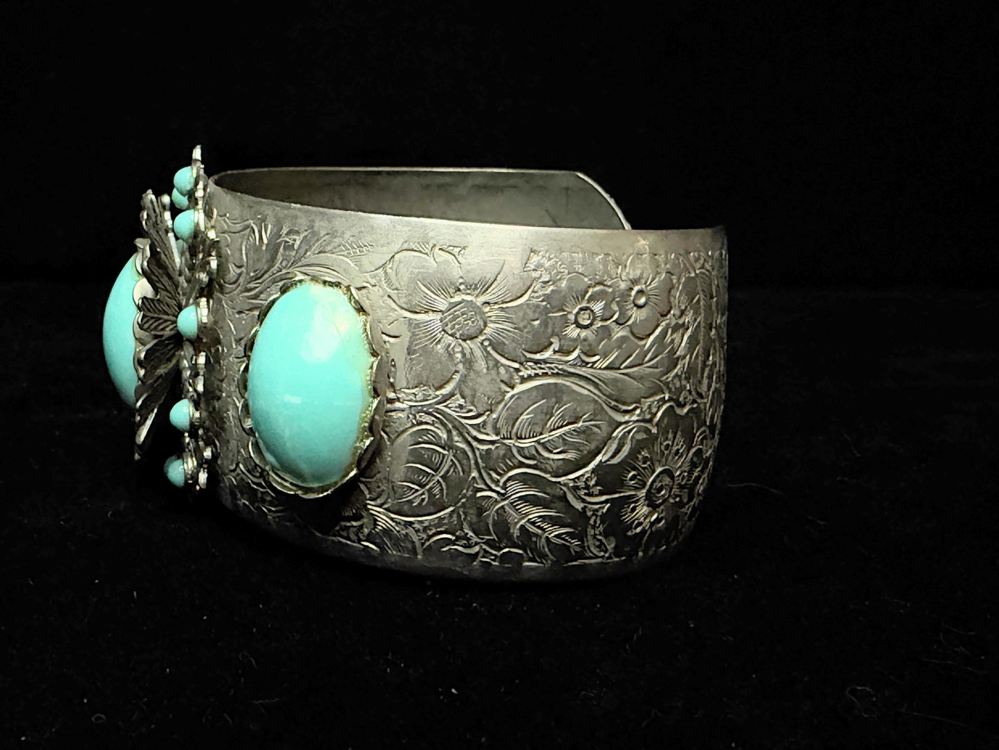 Vintage German Silver Alpaca Turquoise Floral Engraved Cuff Bracelet SS254
