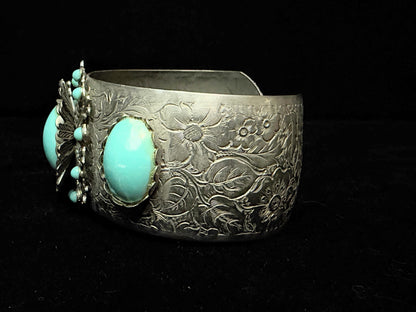 Vintage German Silver Alpaca Turquoise Floral Engraved Cuff Bracelet SS254