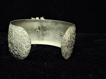 Vintage German Silver Alpaca Turquoise Floral Engraved Cuff Bracelet SS254