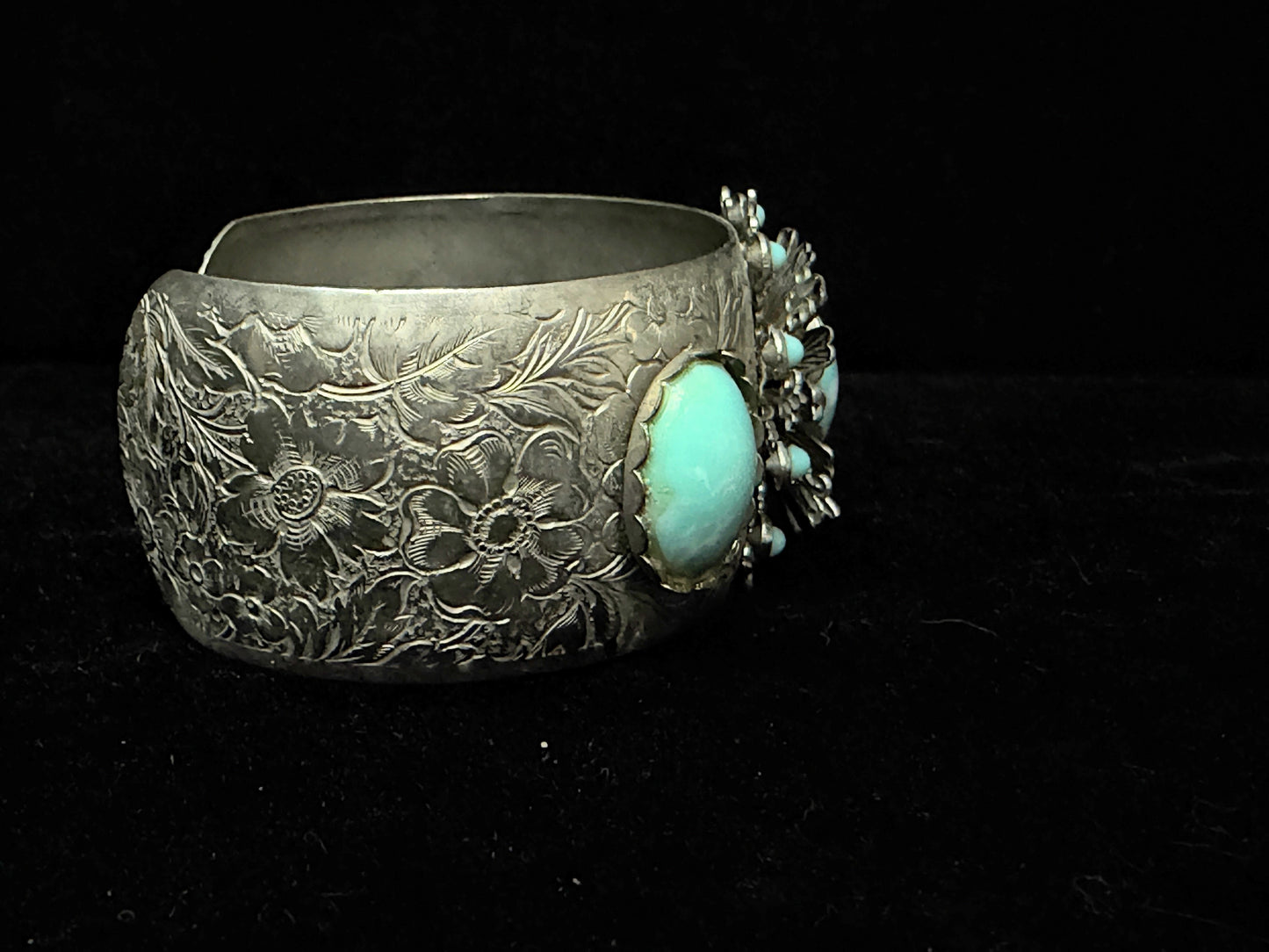 Vintage German Silver Alpaca Turquoise Floral Engraved Cuff Bracelet SS254