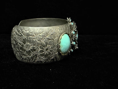 Vintage German Silver Alpaca Turquoise Floral Engraved Cuff Bracelet SS254