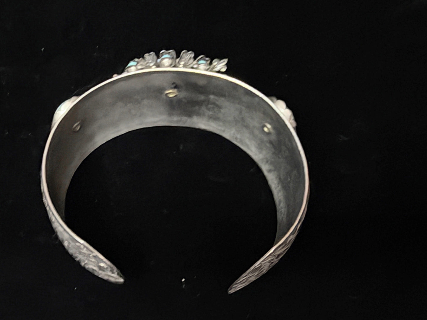 Vintage German Silver Alpaca Turquoise Floral Engraved Cuff Bracelet SS254