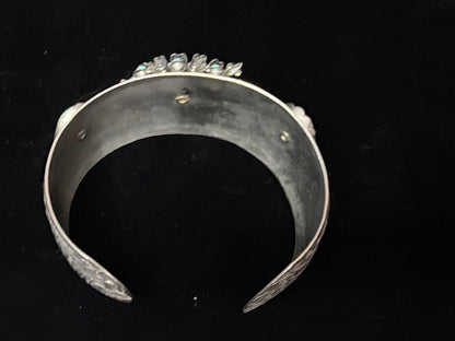 Vintage German Silver Alpaca Turquoise Floral Engraved Cuff Bracelet SS254