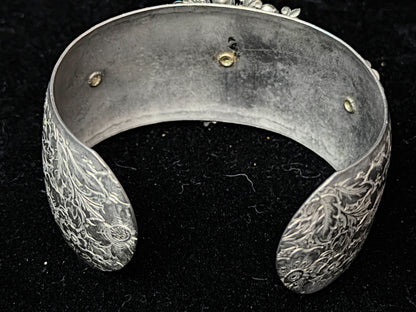Vintage German Silver Alpaca Turquoise Floral Engraved Cuff Bracelet SS254