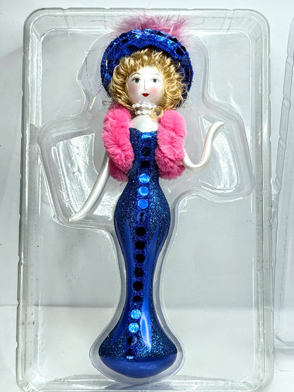 Vintage De Carlini Italian Glass Blue Glitter Pink Fur Lady Ornament Mint XN1212