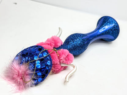 Vintage De Carlini Italian Glass Blue Glitter Pink Fur Lady Ornament Mint XN1212