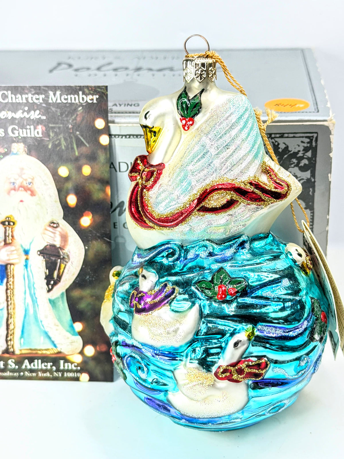 Kurt Adler Polonaise Vintage Swan Lake Glass Ornament Swans Org Box XN131