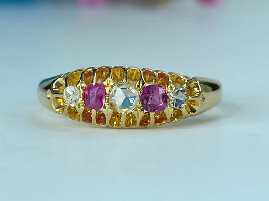 Antique Victorian 5 Stone Ruby & Old Cut Diamond Engagement Rings s7 2.8g JR467