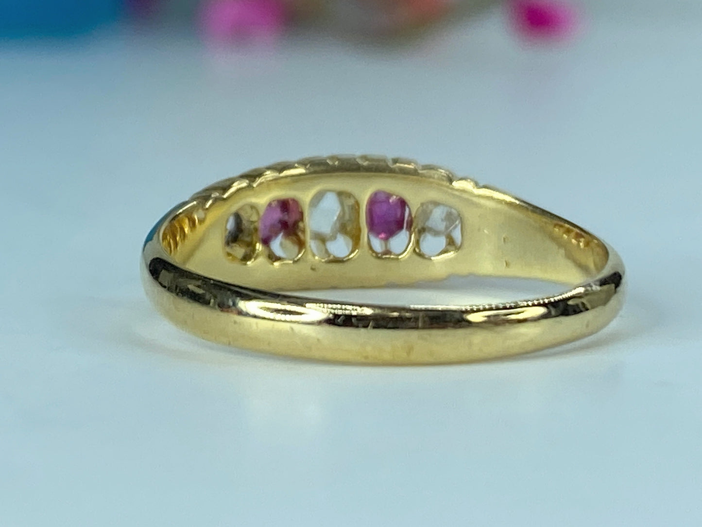 Antique Victorian 5 Stone Ruby & Old Cut Diamond Engagement Rings s7 2.8g JR467