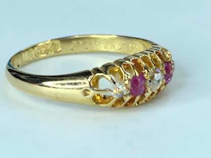Antique Victorian 5 Stone Ruby & Old Cut Diamond Engagement Rings s7 2.8g JR467