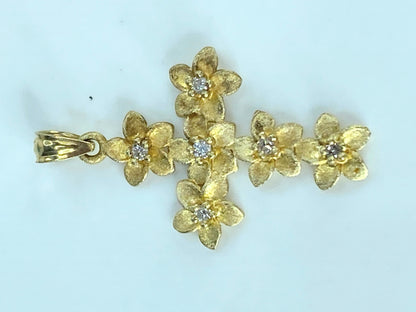 14K yellow gold 0.06ct G/VS2 Diamond Plumeria Flower Cross pendant 1.25" JR394