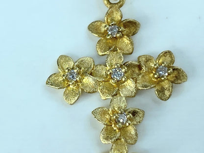 14K yellow gold 0.06ct G/VS2 Diamond Plumeria Flower Cross pendant 1.25" JR394