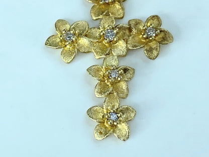 14K yellow gold 0.06ct G/VS2 Diamond Plumeria Flower Cross pendant 1.25" JR394