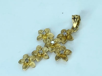 14K yellow gold 0.06ct G/VS2 Diamond Plumeria Flower Cross pendant 1.25" JR394