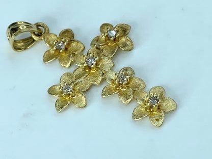 14K yellow gold 0.06ct G/VS2 Diamond Plumeria Flower Cross pendant 1.25" JR394