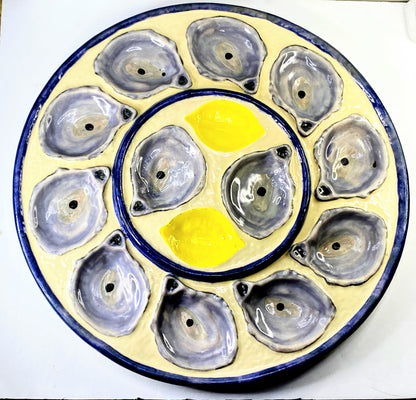 X-Large French Majolica Oyster St Clement Lavender Yellow Serving Platter A413