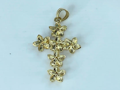 14K yellow gold 0.06ct G/VS2 Diamond Plumeria Flower Cross pendant 1.25" JR394