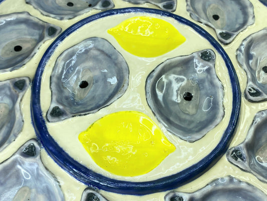 X-Large French Majolica Oyster St Clement Lavender Yellow Serving Platter A413