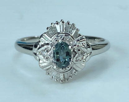 Platinum 900 0.45ct genuine Alexandrite and Diamond cluster ring 3.8g s6.5 JR395