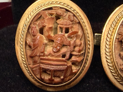 Vintage 14K Gold Chinese Carved Panel Cufflinks Landscape Motif SS252