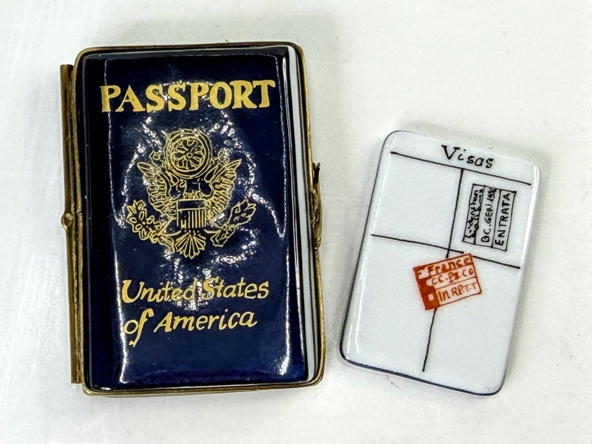Limoges France Vintage US Passport Visa Hinged Porcelain Trinket Box A1320