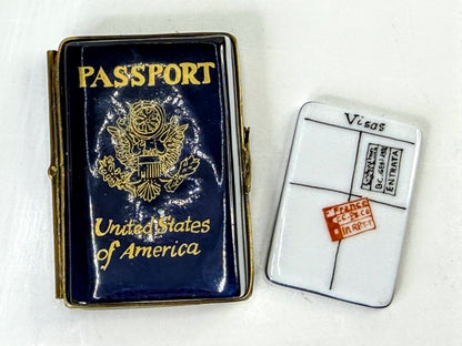 Limoges France Vintage US Passport Visa Hinged Porcelain Trinket Box A1320