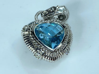 Judith Ripka Sterling Silver Blue Topaz & CZ Heart Pendant Enhancer 9.6g JR398