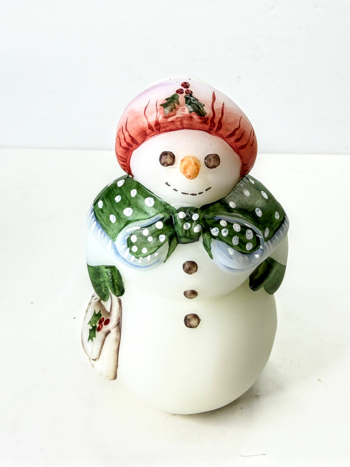 Fenton 95th Anniversary Snowman Hand Painted Signed Opal Satin Glass Mint A1326
