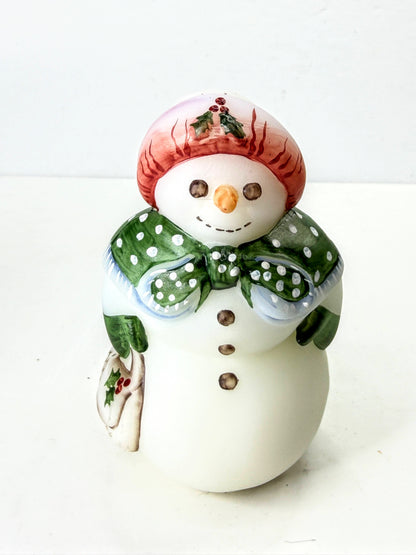 Fenton 95th Anniversary Snowman Hand Painted Signed Opal Satin Glass Mint A1326