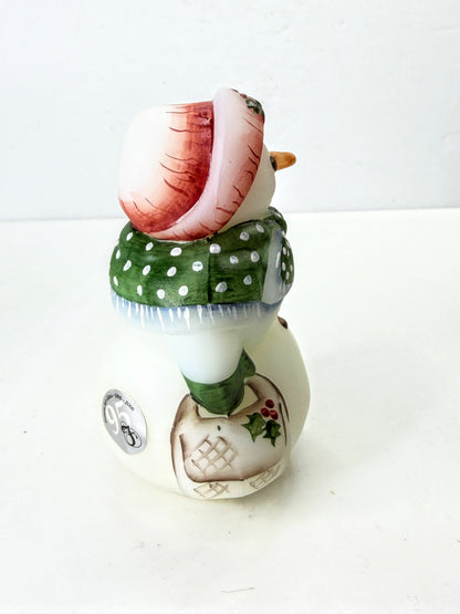 Fenton 95th Anniversary Snowman Hand Painted Signed Opal Satin Glass Mint A1326