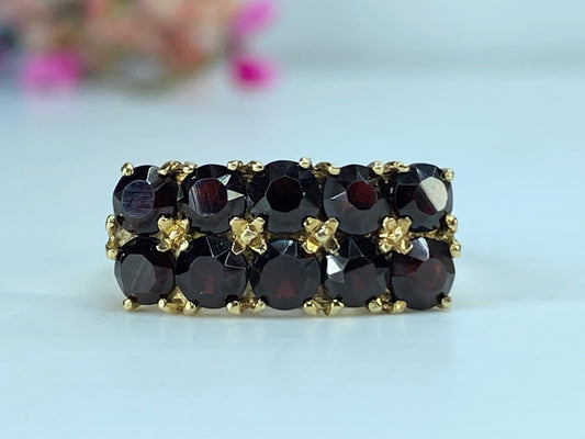 Victorian 14K yellow gold double rows Bohemian Garnet ring s8.5 3.8g JR414