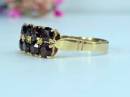 Victorian 14K yellow gold double rows Bohemian Garnet ring s8.5 3.8g JR414