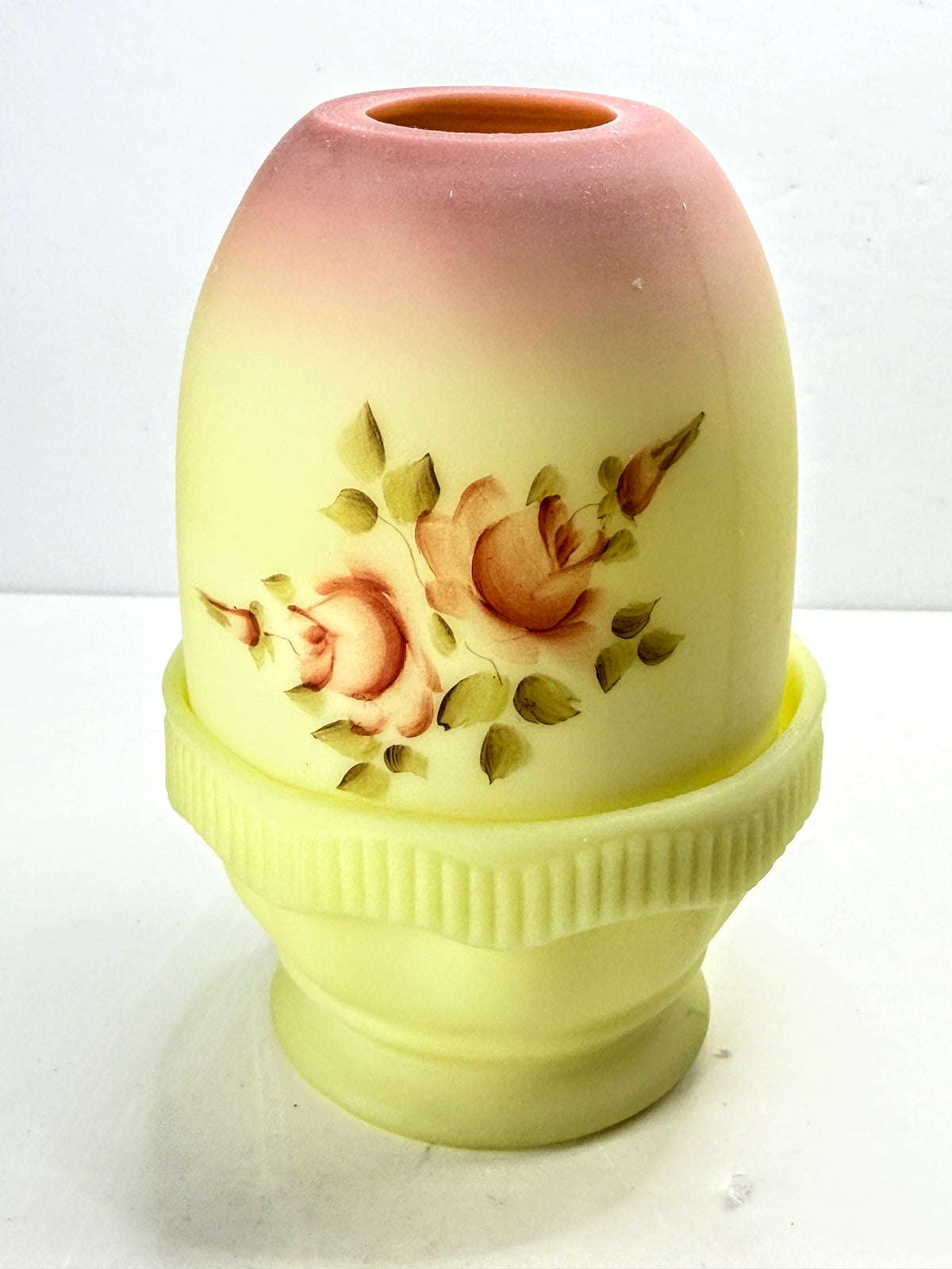 Vintage Fenton Burmese Glass Hand Painted Rose Fairy Lamp Signed UV Glow A1327