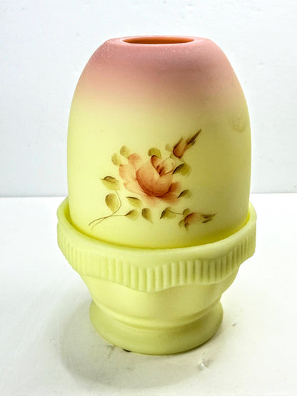 Vintage Fenton Burmese Glass Hand Painted Rose Fairy Lamp Signed UV Glow A1327