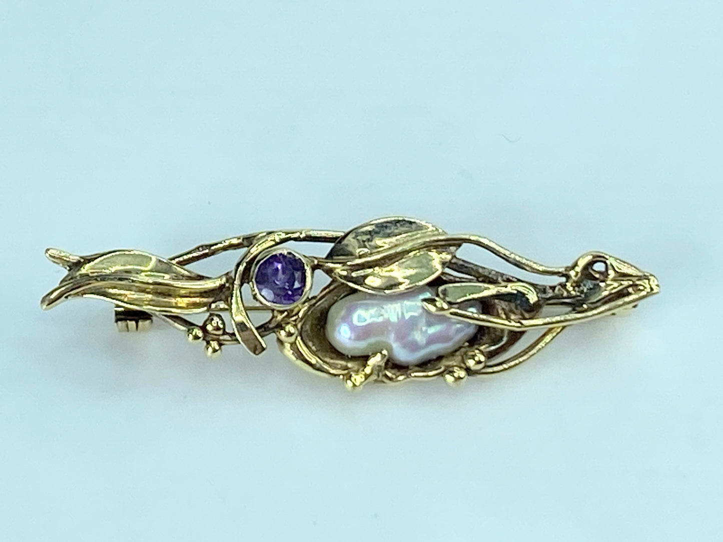 Mid-century 14K yellow gold baroque Pearl Amethyst brooch pin 5.8g 1 3/4" JR402