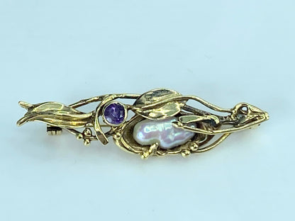 Mid-century 14K yellow gold baroque Pearl Amethyst brooch pin 5.8g 1 3/4" JR402