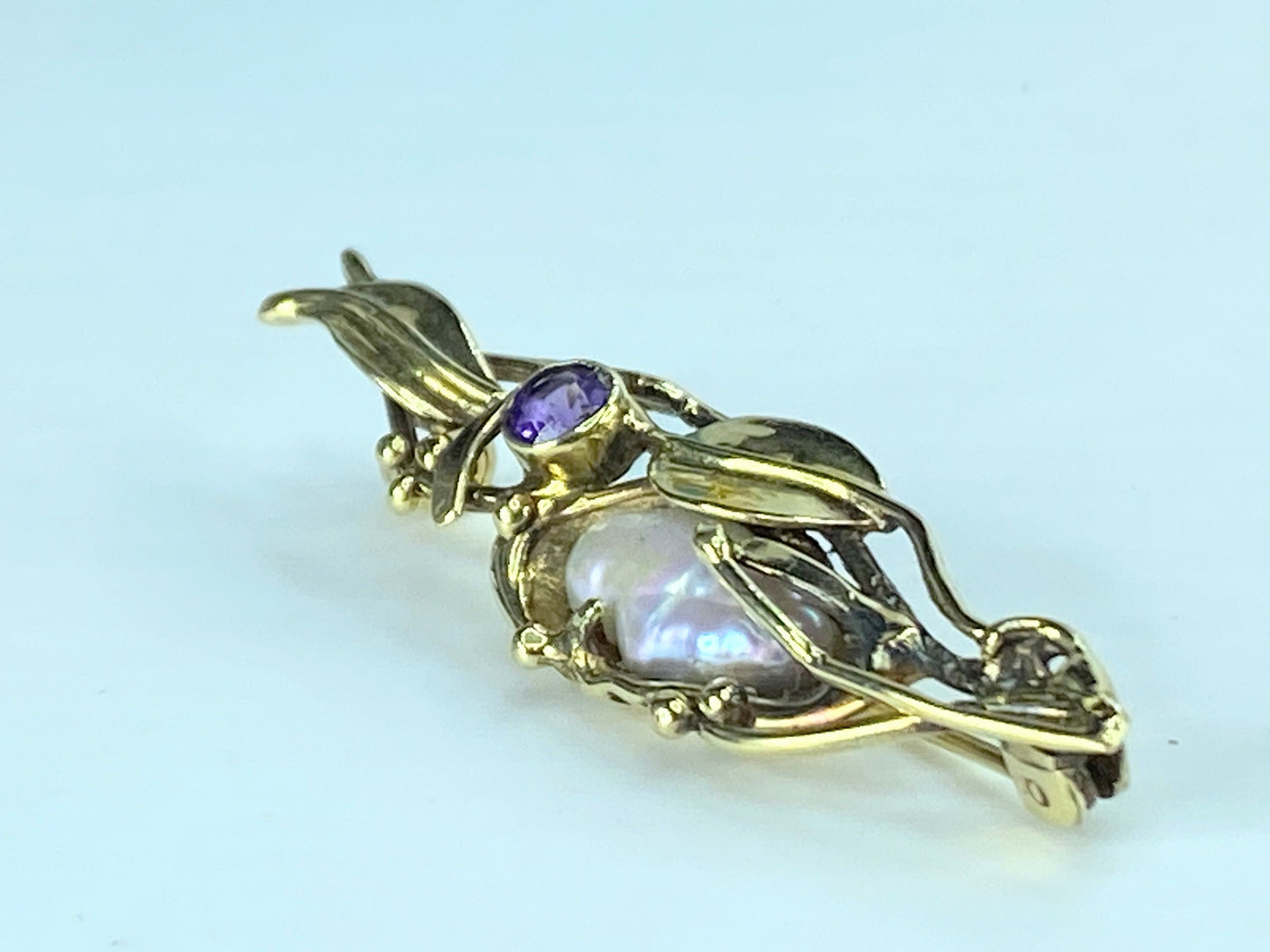 Mid-century 14K yellow gold baroque Pearl Amethyst brooch pin 5.8g 1 3/4" JR402