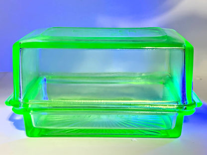 Vintage Green Uranium Depression Glass Butter lidded Dish Covered UV Glow A1329