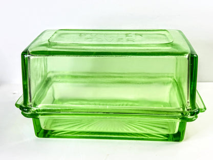 Vintage Green Uranium Depression Glass Butter lidded Dish Covered UV Glow A1329