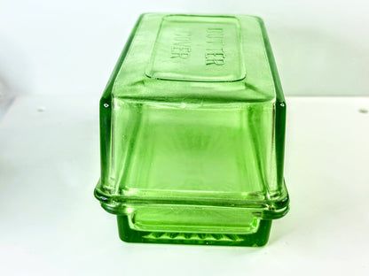 Vintage Green Uranium Depression Glass Butter lidded Dish Covered UV Glow A1329