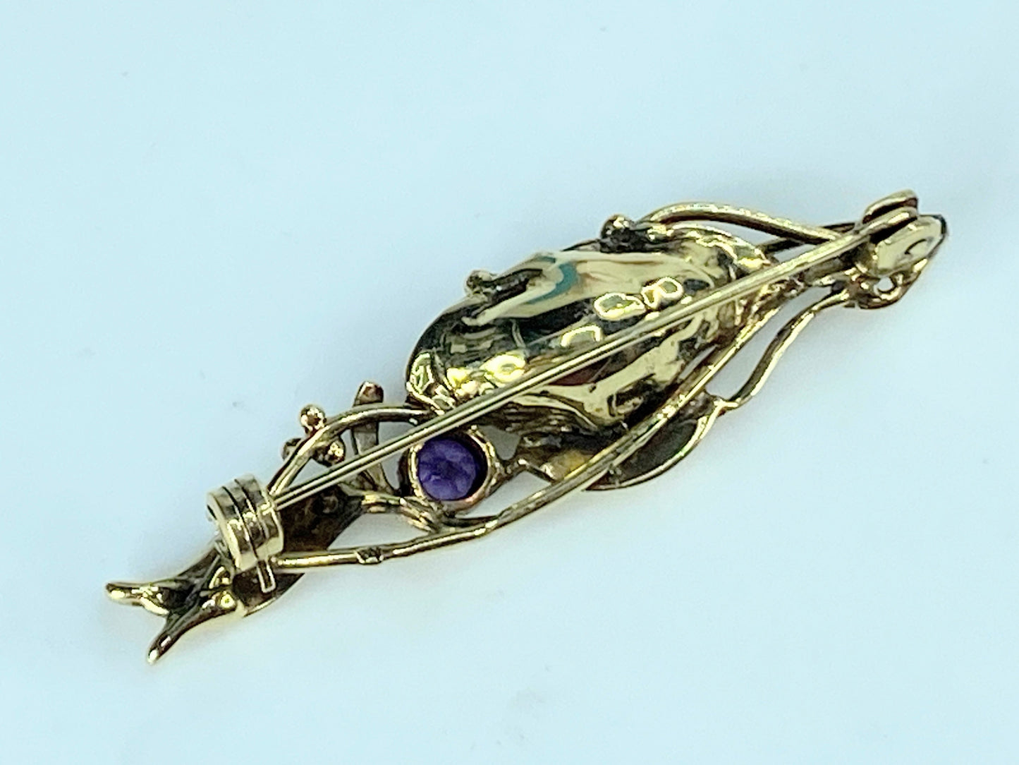 Mid-century 14K yellow gold baroque Pearl Amethyst brooch pin 5.8g 1 3/4" JR402