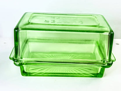 Vintage Green Uranium Depression Glass Butter lidded Dish Covered UV Glow A1329