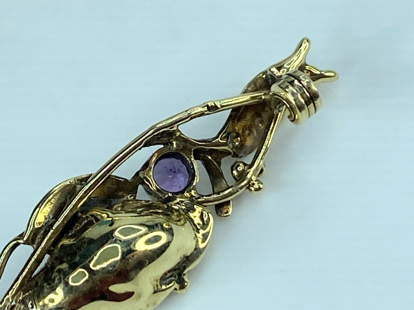 Mid-century 14K yellow gold baroque Pearl Amethyst brooch pin 5.8g 1 3/4" JR402