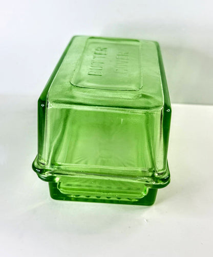 Vintage Green Uranium Depression Glass Butter lidded Dish Covered UV Glow A1329
