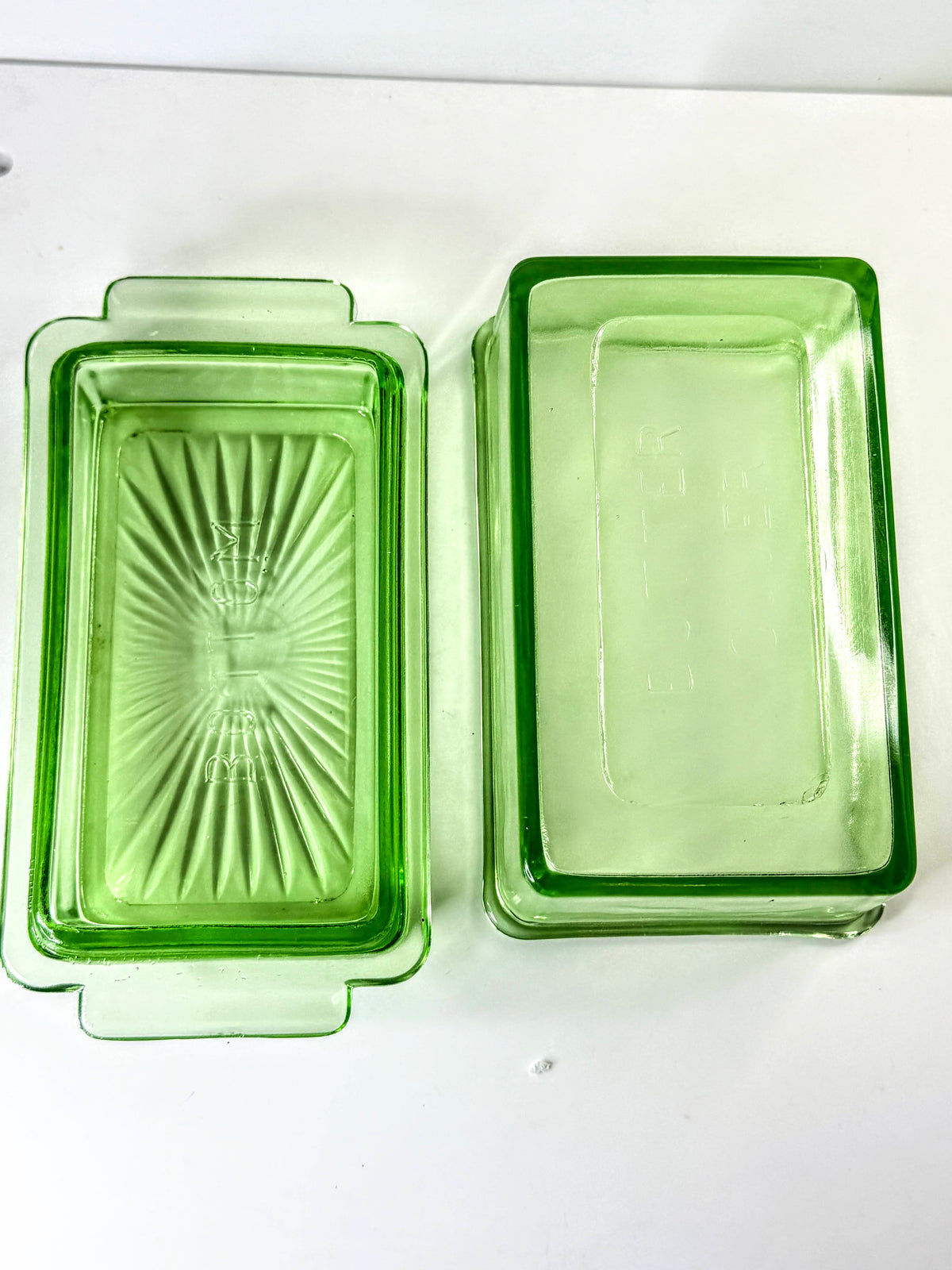 Vintage Green Uranium Depression Glass Butter lidded Dish Covered UV Glow A1329